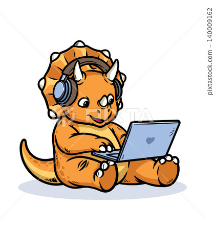 Triceratops dino using laptop and using headphones Triceratops dino using laptop and using headphones 140009162