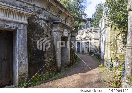 Historic stone tombs along a path in Highgate Cemetery 140009301