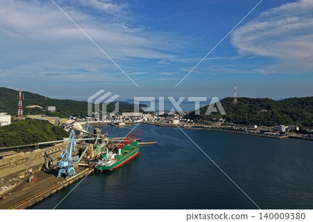 空拍照片顯示大分縣嵯峨關港的一艘貨船和一台起重機。 140009380
