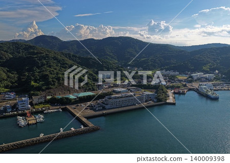 An aerial photograph overlooking the port and fishing town of Saganoseki, Oita Prefecture. An aerial photograph overlooking the port and fishing town of Saganoseki, Oita Prefecture. 140009398