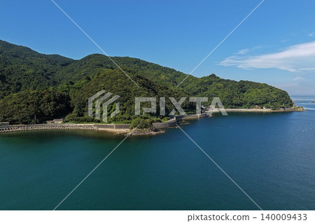 一張空拍照片，展現了大分縣臼杵市鬱鬱蔥蔥的海岸線和海堤。 140009433