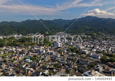 一張航拍照片，展現了大分縣臼杵市以及背景中的山脈。 140009495