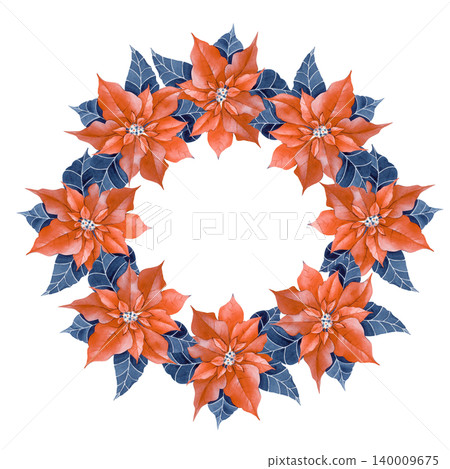 Watercolor Christmas poinsettia wreath. Isolated winter holiday floral round frame. For Christmas greeting cards, logos, invitations, and seasonal branding. Watercolor Christmas poinsettia wreath. Isolated winter holiday floral round frame. For Christmas greeting cards, logos, invitations, and seasonal branding. 140009675