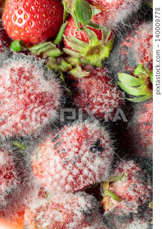 Strawberries covered in fuzzy white mold. 140009778