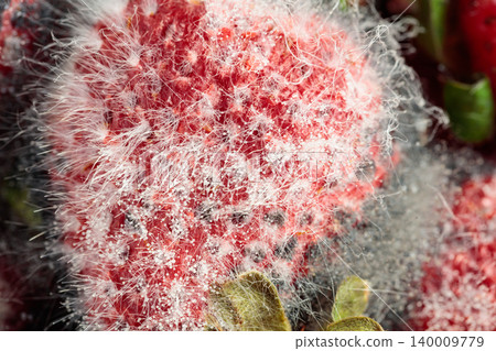 Strawberries covered in fuzzy white mold. 140009779
