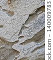 A detailed close-up texture of weathered coastal rocks, showing rough, layered surfaces and geological formations sculpted by the sea, highlighting the natural beauty of maritime cliffs. 140009783