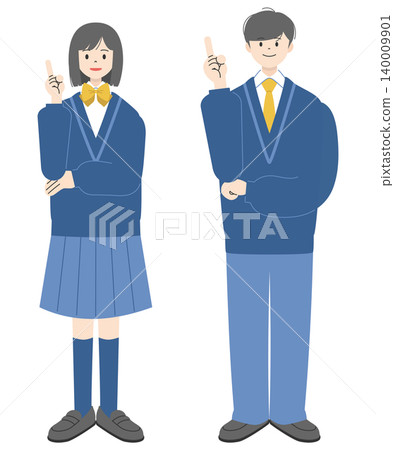 一組兩幅全身插圖,描繪了一男一女兩名身穿制服的高中生,他們面帶微笑,舉起食指指點點。 一組兩幅全身插圖,描繪了一男一女兩名身穿制服的高中生,他們面帶微笑,舉起食指指點點。 140009901