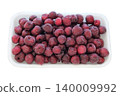 Frozen cherries in a white container isolated on a white background. Defrosting. Saving vitamins. Food storage in freeze. Top view. 140009992
