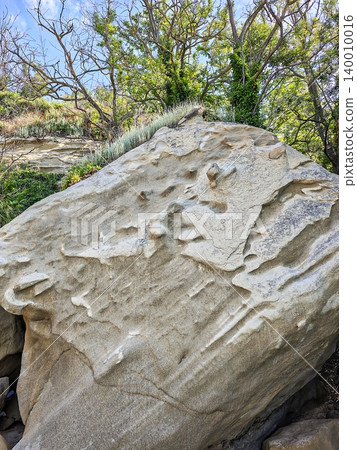 A large, weathered sandstone boulder with intricate natural texture, nestled at the edge of a forest with sun-drenched trees in the background, showcasing a serene outdoor landscape. A large, weathered sandstone boulder with intricate natural texture, nestled at the edge of a forest with sun-drenched trees in the background, showcasing a serene outdoor landscape. 140010016
