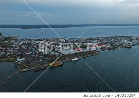 An aerial photograph showing the fishing port and town of Akkeshi, Hokkaido, from a diagonal vantage point. An aerial photograph showing the fishing port and town of Akkeshi, Hokkaido, from a diagonal vantage point. 140010294