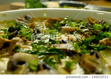 Fried chicken with mushrooms, milk and onions. Fried chicken with mushrooms, milk and onions. 140010551