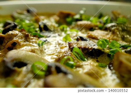 Fried chicken with mushrooms, milk and onions. Fried chicken with mushrooms, milk and onions. 140010552