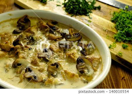 Fried chicken with mushrooms, milk and onions. Fried chicken with mushrooms, milk and onions. 140010554