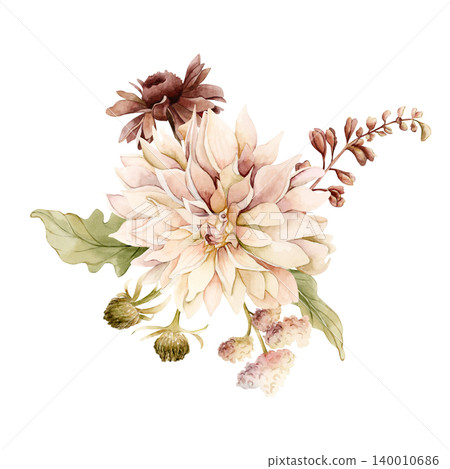 Autumn flowers leaves bouquet. Fall plants Dahlia Chrysanthemum Daisy. Watercolor hand drawn floral illustration isolated on white background wedding home textile cosmetic package porcelain crockery Autumn flowers leaves bouquet. Fall plants Dahlia Chrysanthemum Daisy. Watercolor hand drawn floral illustration isolated on white background wedding home textile cosmetic package porcelain crockery 140010686