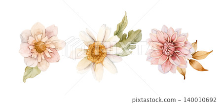 Autumn flowers leaves bouquet. Dahlia Chrysanthemum Astra Arrangement. Watercolor hand drawn floral illustration isolated on white background fall design wedding home textile cosmetic package crockery Autumn flowers leaves bouquet. Dahlia Chrysanthemum Astra Arrangement. Watercolor hand drawn floral illustration isolated on white background fall design wedding home textile cosmetic package crockery 140010692