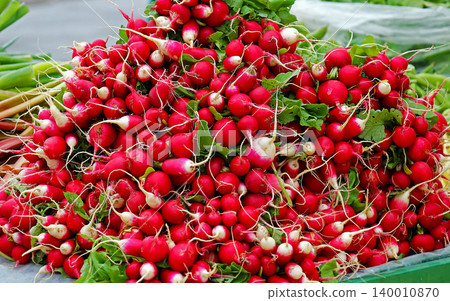 Organic radishes pile on market Organic radishes pile on market 140010870