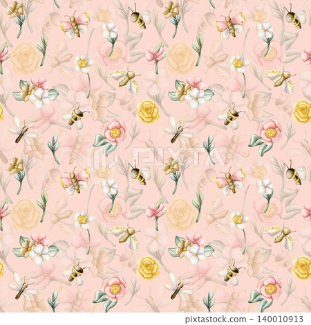 Cute Butterfly Bee Dragonfly With Colourful Flowers Seamless Pattern. Watercolor summer floral illustration hand painted isolated on pink background for nursery design fresh print fabric textile Cute Butterfly Bee Dragonfly With Colourful Flowers Seamless Pattern. Watercolor summer floral illustration hand painted isolated on pink background for nursery design fresh print fabric textile 140010913