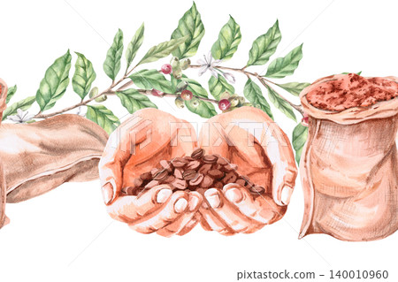 Seamless border featuring hands, coffee beans, sacks, and branches. Isolated watercolor illustration for restaurant interior design, greeting cards, packaging, and menus. 140010960