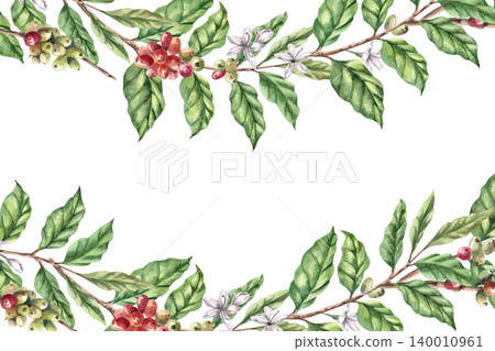 A rectangular frame featuring coffee branches and ripening berries. An isolated watercolor illustration for restaurant interior design, greeting cards, packaging, and menus. A rectangular frame featuring coffee branches and ripening berries. An isolated watercolor illustration for restaurant interior design, greeting cards, packaging, and menus. 140010961