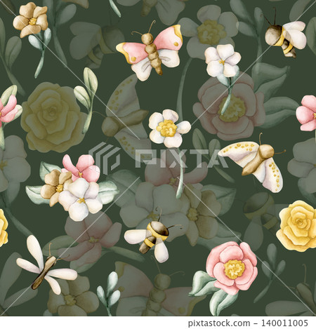 Cute Butterfly Bee Dragonfly With Colourful Flowers Seamless Pattern. Watercolor summer floral illustration hand painted isolated on green background for nursery design fresh print fabric textile Cute Butterfly Bee Dragonfly With Colourful Flowers Seamless Pattern. Watercolor summer floral illustration hand painted isolated on green background for nursery design fresh print fabric textile 140011005