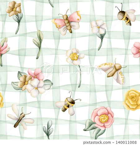 Cute Colourful Meadow Flower Insect Green Checked Seamless Pattern. Watercolor summer bloom floral illustration hand painted isolated on white background for nursery design fresh print fabric textile Cute Colourful Meadow Flower Insect Green Checked Seamless Pattern. Watercolor summer bloom floral illustration hand painted isolated on white background for nursery design fresh print fabric textile 140011008