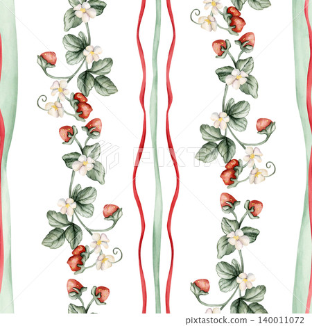 Wild Strawberry Branch Red Green Striped Seamless Pattern. Watercolor summer spring floral forest illustration hand painted isolated on white background nursery baby kids design print fabric textile Wild Strawberry Branch Red Green Striped Seamless Pattern. Watercolor summer spring floral forest illustration hand painted isolated on white background nursery baby kids design print fabric textile 140011072