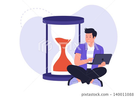 Illustration of Freelancer Working Next to Giant Hourglass Illustration of Freelancer Working Next to Giant Hourglass 140011088