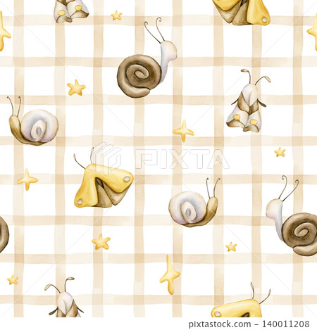 Cute Snail Butterfly Moth Stars Beige Checked Seamless Pattern. Watercolor illustration hand painted isolated on white background for nursery baby kids design insect summer forest fabric textile print Cute Snail Butterfly Moth Stars Beige Checked Seamless Pattern. Watercolor illustration hand painted isolated on white background for nursery baby kids design insect summer forest fabric textile print 140011208