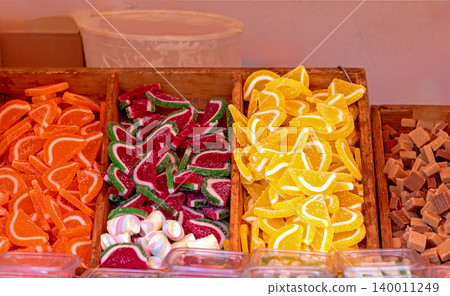 Dry colorful jelly sweets on market Dry colorful jelly sweets on market 140011249