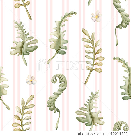 Cute Fern Leaves Pink Striped Seamless Pattern. Watercolor summer floral forest illustration hand painted isolated on white background nursery baby kids design fresh whimsical print mystery textile Cute Fern Leaves Pink Striped Seamless Pattern. Watercolor summer floral forest illustration hand painted isolated on white background nursery baby kids design fresh whimsical print mystery textile 140011331