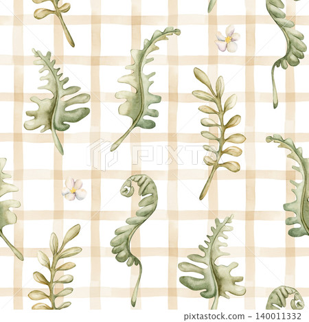 Cute Fern Leaves Beige Checked Seamless Pattern. Watercolor summer floral forest illustration hand painted isolated on white background nursery baby kids design fresh whimsical print mystery textile Cute Fern Leaves Beige Checked Seamless Pattern. Watercolor summer floral forest illustration hand painted isolated on white background nursery baby kids design fresh whimsical print mystery textile 140011332
