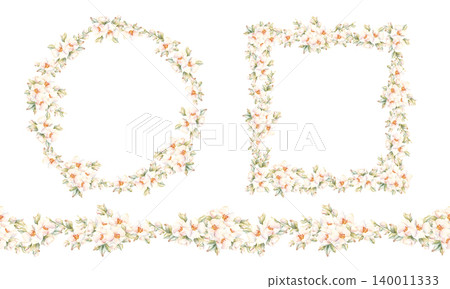 Little White Flower Seamless Border Wreath Frame Set Peach Apple Blossom Blooming. Watercolor hand drawn floral illustration isolated on white background home textile fresh fabric cosmetic package Little White Flower Seamless Border Wreath Frame Set Peach Apple Blossom Blooming. Watercolor hand drawn floral illustration isolated on white background home textile fresh fabric cosmetic package 140011333