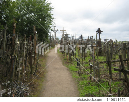 A walking path lined with crosses stretching as far as the eye can see. 140011651
