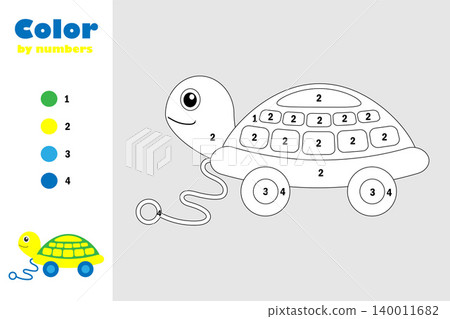 Turtle toy in cartoon style, color by number, education paper game for the development of children, coloring page, kids preschool activity, printable worksheet, vector illustration Turtle toy in cartoon style, color by number, education paper game for the development of children, coloring page, kids preschool activity, printable worksheet, vector illustration 140011682