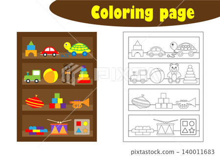 Shelves with toys in cartoon style, coloring page, education paper game for the development of children, kids preschool activity, printable worksheet, vector illustration Shelves with toys in cartoon style, coloring page, education paper game for the development of children, kids preschool activity, printable worksheet, vector illustration 140011683