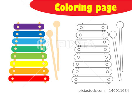 Xylophone in cartoon style, coloring page, education paper game for the development of children, kids preschool activity, printable worksheet, vector illustration Xylophone in cartoon style, coloring page, education paper game for the development of children, kids preschool activity, printable worksheet, vector illustration 140011684