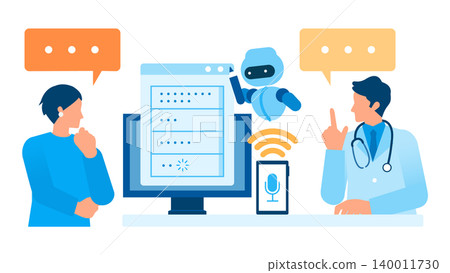 An illustration illustrating medical DX (digital transformation) that automatically generates electronic medical records using voice recognition AI, illustrating how it improves work efficiency and documentation. An illustration illustrating medical DX (digital transformation) that automatically generates electronic medical records using voice recognition AI, illustrating how it improves work efficiency and documentation. 140011730