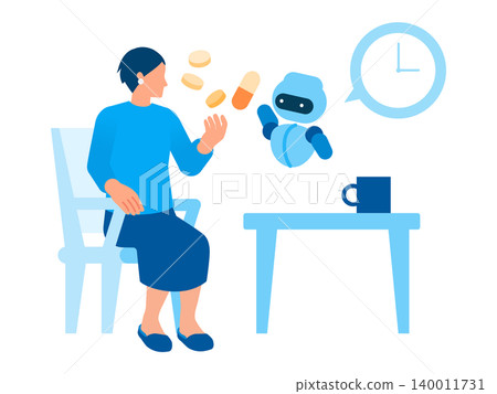 An illustration of a senior woman feeling safe and secure at home thanks to an AI-powered medication management system. (Related to home healthcare and medical care) 140011731
