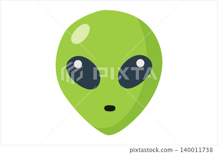 classic green alien face. The extraterrestrial head features the traditional large, black, almond-shaped eyes and a light reflection detail on the forehead. Vector illustration classic green alien face. The extraterrestrial head features the traditional large, black, almond-shaped eyes and a light reflection detail on the forehead. Vector illustration 140011738