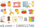 A collection of sewing tools and accessories for creative projects. 140011746