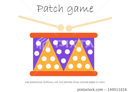 Education Patch game toy drum for children to develop motor skills, use plasticine patches, buttons, colored paper or color the page, kids preschool activity, printable worksheet, vector illustration Education Patch game toy drum for children to develop motor skills, use plasticine patches, buttons, colored paper or color the page, kids preschool activity, printable worksheet, vector illustration 140011816