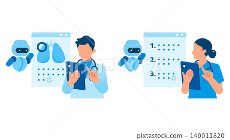 An illustration of doctors and nurses using AI diagnostic data and support to improve the efficiency of healthcare professionals' work. An illustration of doctors and nurses using AI diagnostic data and support to improve the efficiency of healthcare professionals' work. 140011820