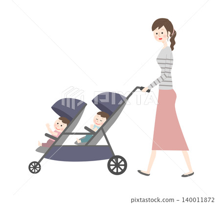 A woman walking while pushing a double stroller. A woman walking while pushing a double stroller. 140011872