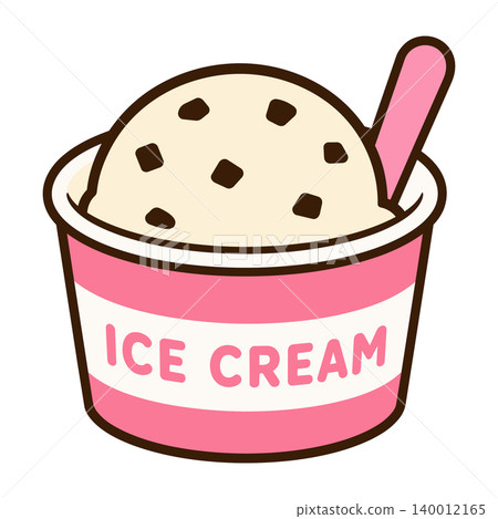 A cute dessert illustration of chocolate chip ice cream in a pink cup. 140012165