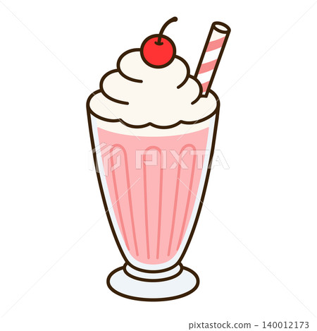 A cute illustration of a pink milkshake topped with cherries and whipped cream. A cute illustration of a pink milkshake topped with cherries and whipped cream. 140012173