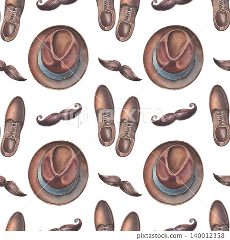 Boots, hat, curled hipster mustache, seamless pattern. Hand-painted watercolor illustration isolated on white for gentlemen, barbershop, fashion design, branding, printing on textile, packaging, decor Boots, hat, curled hipster mustache, seamless pattern. Hand-painted watercolor illustration isolated on white for gentlemen, barbershop, fashion design, branding, printing on textile, packaging, decor 140012358
