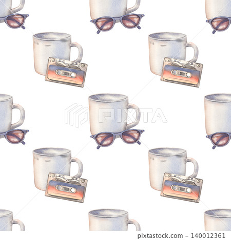 Mug, audio cassette, sunglasses seamless pattern. Hand-painted watercolor illustration isolated on white for music, retro lifestyle, coffee, tea branding, design, printing on textile, packaging, decor Mug, audio cassette, sunglasses seamless pattern. Hand-painted watercolor illustration isolated on white for music, retro lifestyle, coffee, tea branding, design, printing on textile, packaging, decor 140012361