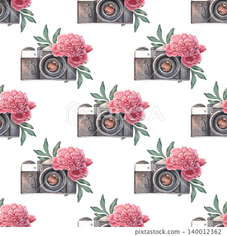 Camera, blooming peony with bud and leaves, seamless pattern. Hand-painted watercolor illustration isolated on white for travel, photography blogs, branding, printing on clothing, packaging, decor 140012362