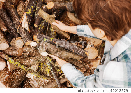 A person in a plaid shirt gathers wooden logs from a pile of freshly cut firewood outdoors, preparing timber for heating. A person in a plaid shirt gathers wooden logs from a pile of freshly cut firewood outdoors, preparing timber for heating. 140012879