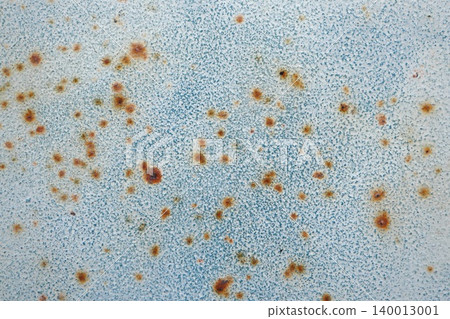 Pale Blue Gray Speckled Metal Surface with Scattered Rust Bloom Spots, Subtle Industrial Texture Background 140013001